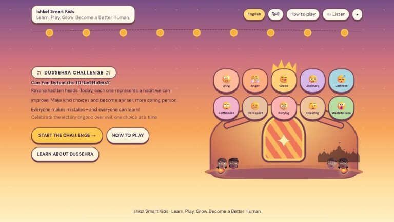 Ishkol Smart Kids Dussehra Challenge game: defeat the 10 bad habits of Ravana, including lying, anger, greed, jealousy and laziness