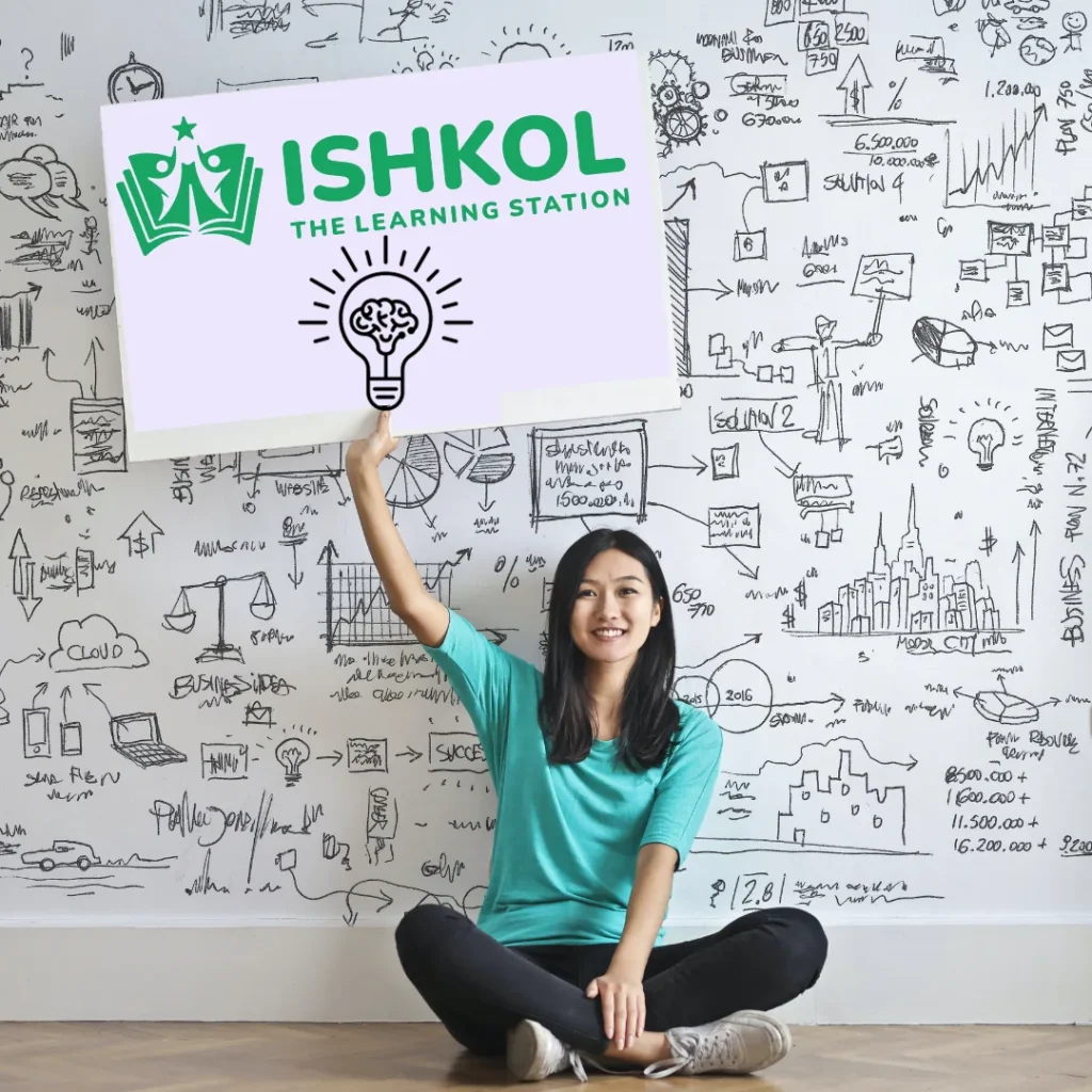 A young woman holding up an Ishkol board with a lightbulb idea