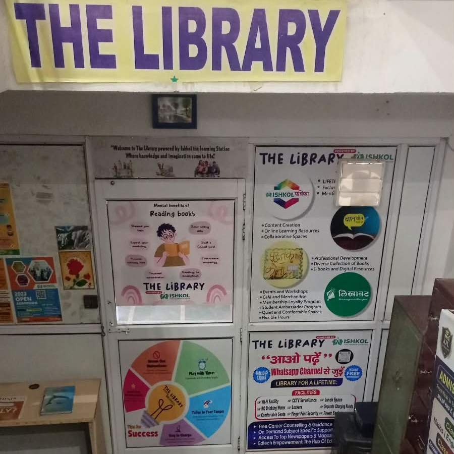 Welcome board and notices at The Library, powered by Ishkol
